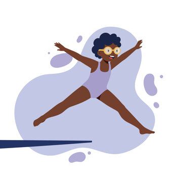 Young girl with glasses jumping off diving board in purple swimsuit on abstract blue background in cartoon style 