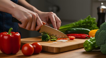 Woman preparing fresh vegetables on cutting board in the kitchen