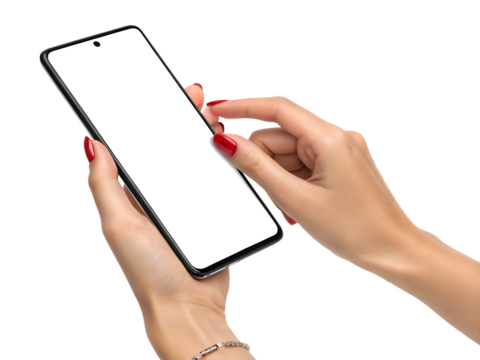 Female hands using smartphone touchscreen isolated on white background