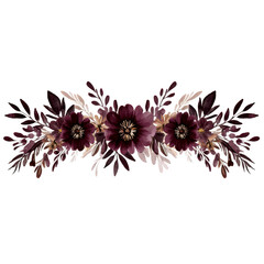 beautiful floral arrangement featuring dark purple and cream flowers with delicate leaves, creating elegant and sophisticated design. Perfect for invitations or decor