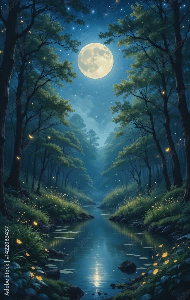 Poster a serene forest scene at night, illuminated by the soft glow of moonlight filtering through tall tre