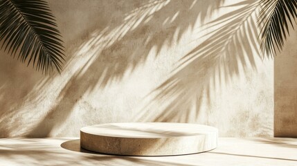 Beige Minimalist Display Podium with Palm Shadows