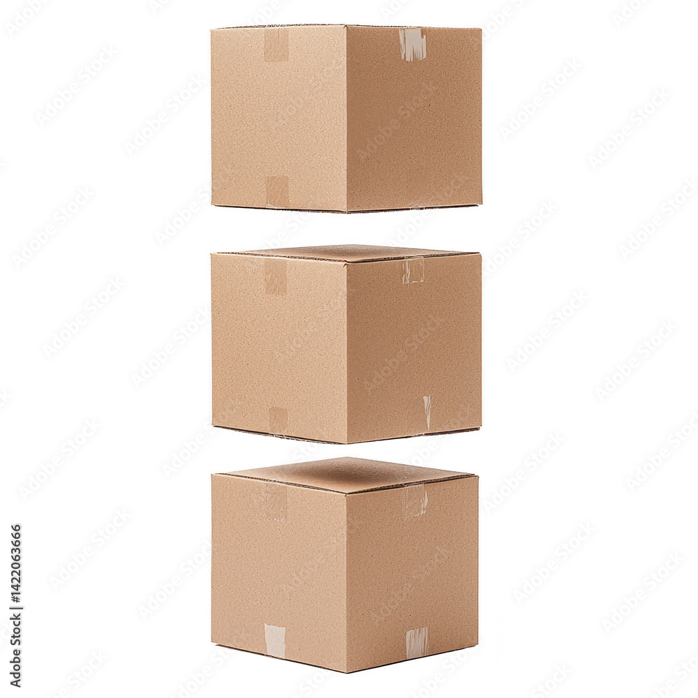 Poster three cardboard boxes are stacked vertically, each sealed with tape, against plain background. boxes