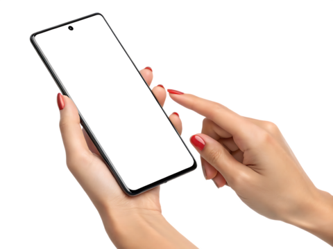 Woman hand holding and touching a modern smartphone isolated on white background