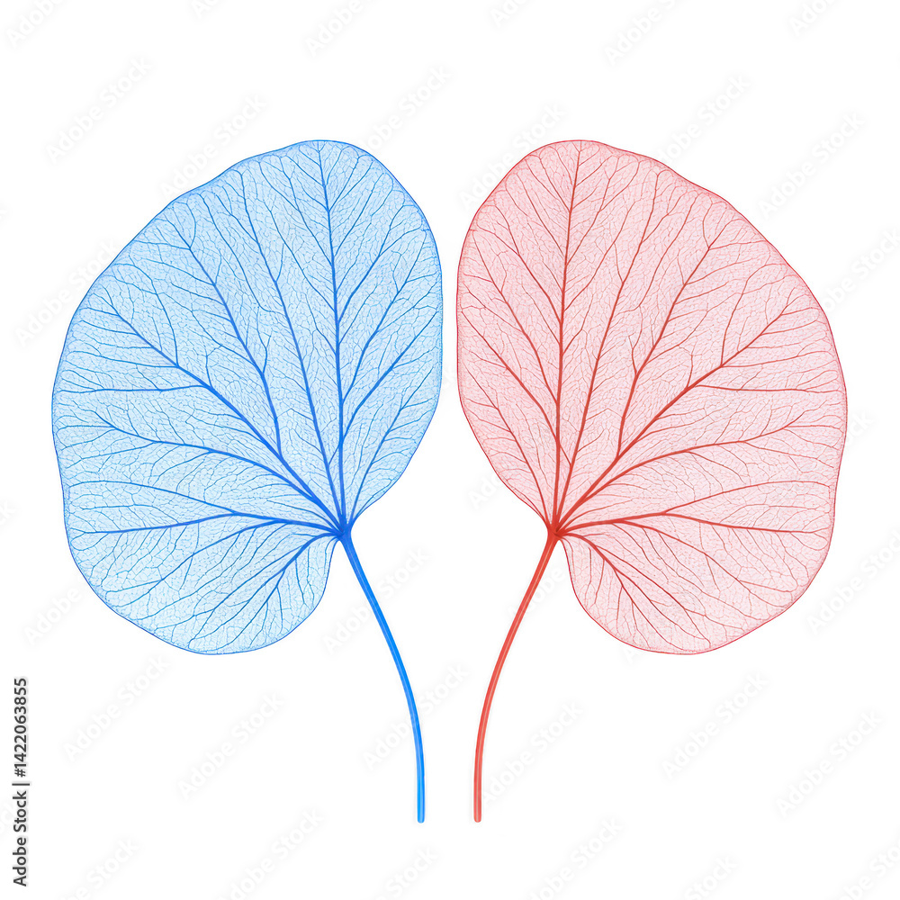 Poster two leaves with intricate vein patterns are displayed, one in blue and other in red, creating striki