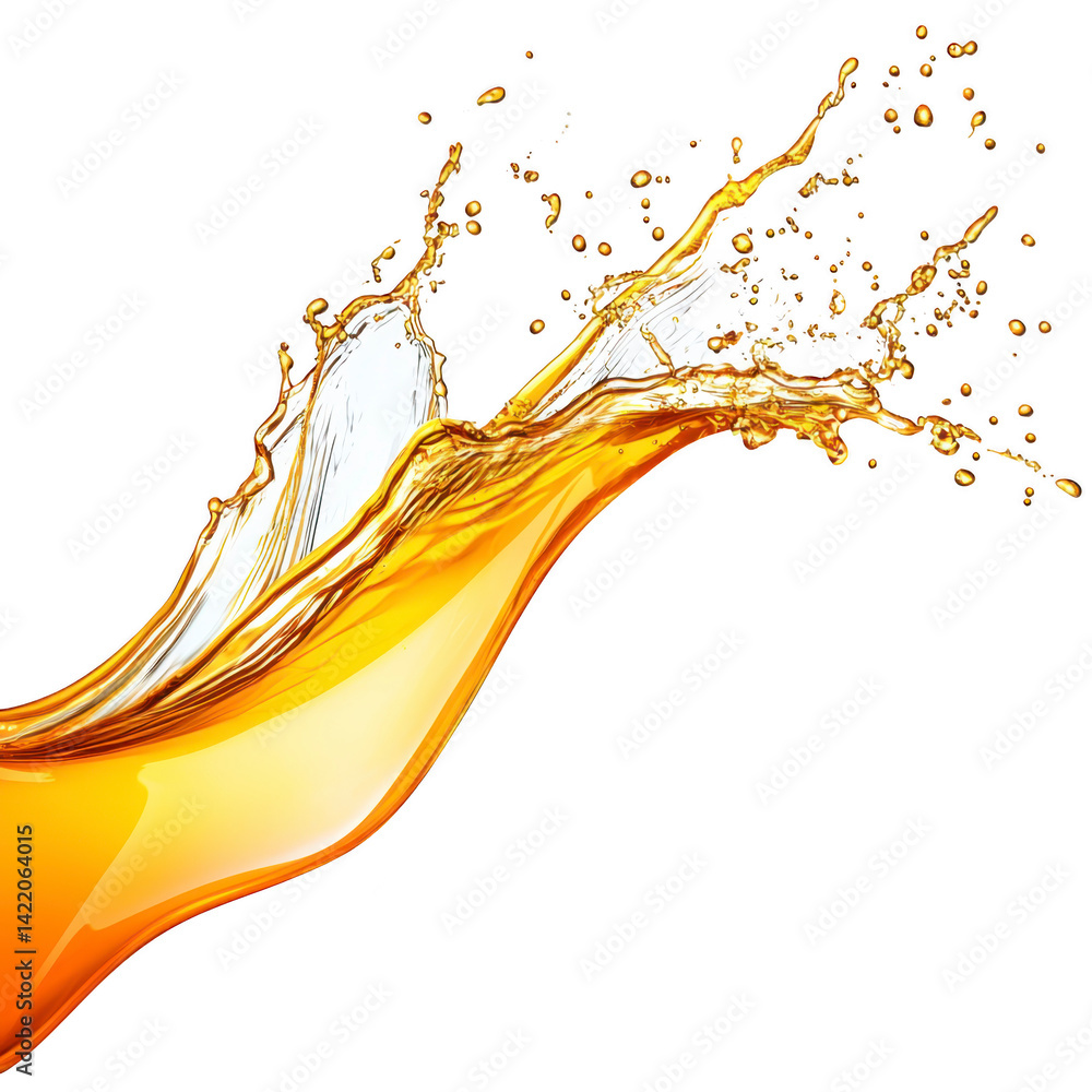 Poster dynamic splash of golden liquid arcs through air, capturing motion and energy. fluid vibrant color a