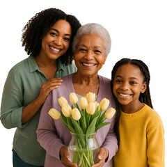 Three generations celebrating Mother’s Day with flowers
