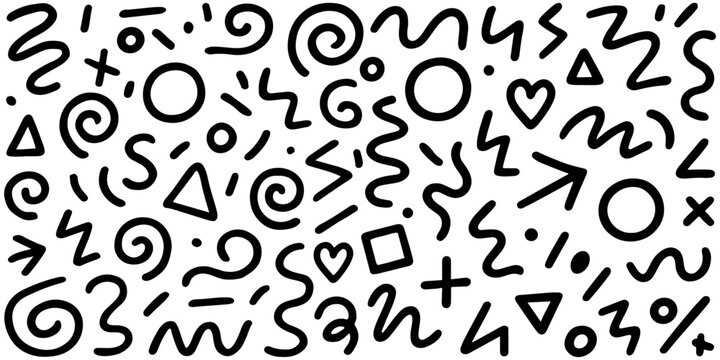 Hand-drawn black abstract doodles including swirls, arrows, and geometric shapes on a white seamless background, ideal for design projects. Vector illustration