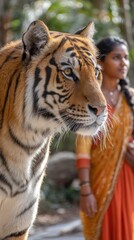 A tiger is standing in front of a woman wearing an orange sari