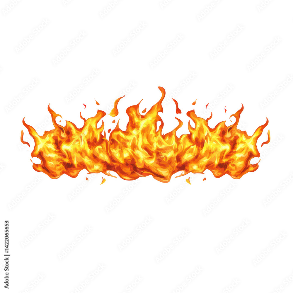 Poster row of vibrant, realistic flames with dynamic movement and bright orange and yellow hues, isolated o