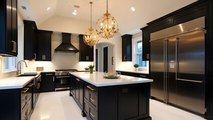 Fototapeta premium Bold black-and-gold kitchen with luxury design.