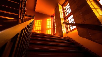 Fototapeta premium Warm sunlight filters through large windows, illuminating a wooden staircase in a cozy interior