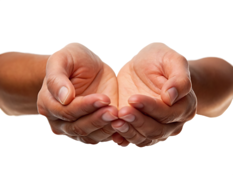 Open hands reaching outwards offering or receiving isolated on white background