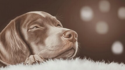 A serene brown dog resting peacefully on a soft blanket with bokeh lights in the background