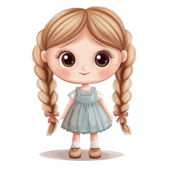 Fototapeta premium Adorable girl with blonde pigtails wearing a light blue dress and brown shoes