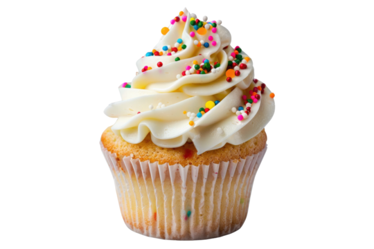 A delightful vanilla cupcake, swirled with creamy frosting and topped with vibrant rainbow sprinkles, a perfect treat for any celebration. Bright white background.
