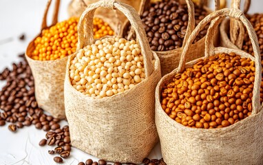 Various Beans in Burlap Sacks, Coffee, Soybeans, Lentils, Close-up Still Life