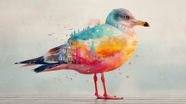 A colorful bird representing urban landscape.