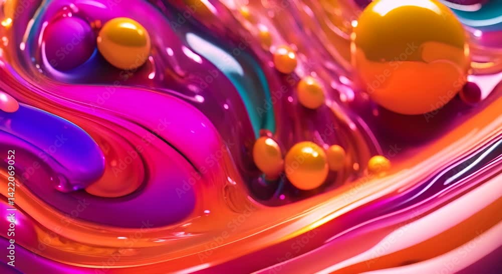 Poster vibrant fluid with floating spheres dynamic close up of fluid featuring vibrant swirling colors and 