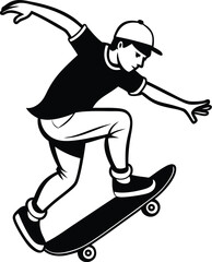 Skateboarder trick silhouette, Silhouette of a skateboarder performing a trick against a plain white background during a casual day outdoors 