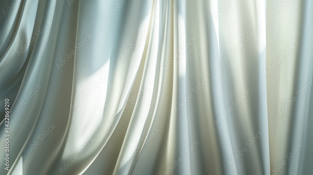 Poster elegant white silk curtain with smooth waves and soft gray shadows, matte textured backdrop for luxu