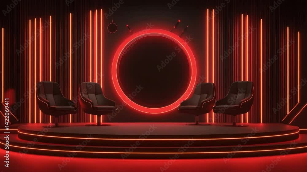 Poster modern futuristic stage with red neon lighting and stylish chairs for performance or interview setti