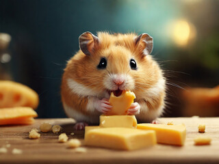 Fototapeta premium Hamster eating cheese on wooden board on table on natural background. Created using generative AI tools