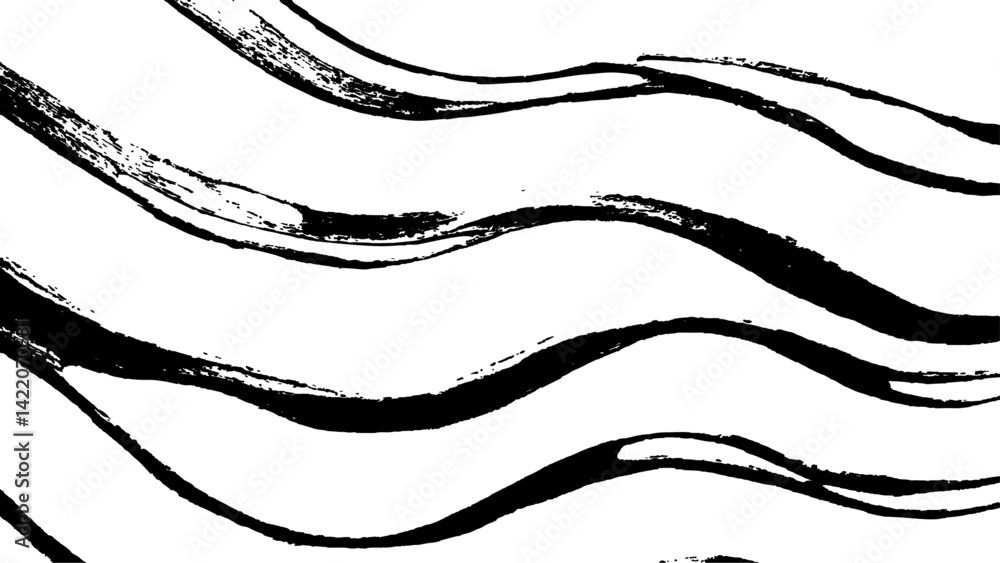 Poster black flowing wave lines on white transparent background. vector black line art pattern drawing whit