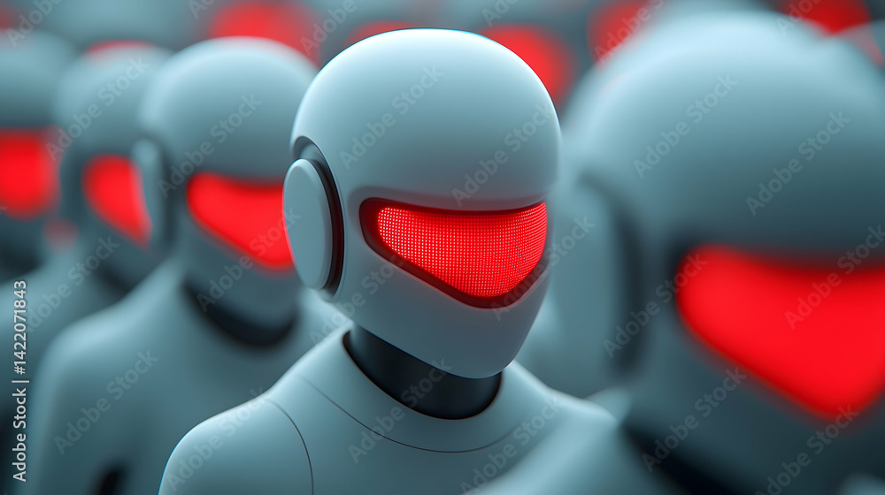 Poster an army of grey and white combat robots with red lights in their helmets