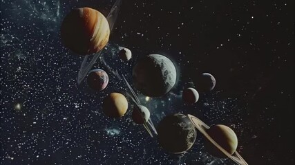 Planets gather in the solar system amidst glowing stars in a vibrant cosmic atmosphere