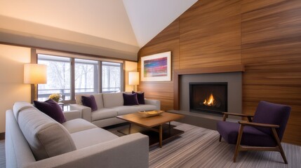 Fototapeta premium Cozy modern living room with a fireplace, large windows, and winter scenery outside
