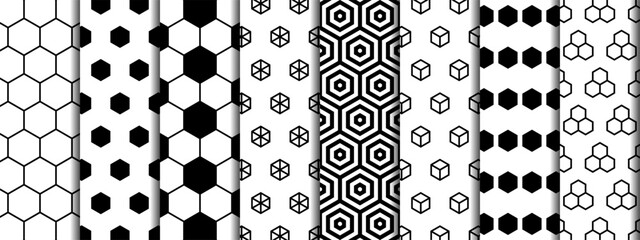 Seamless geometric pattern set. Hexagon backgrounds with lines.