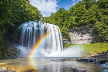 Obraz premium Majestic waterfall creates stunning rainbow in a lush green landscape on a sunny day