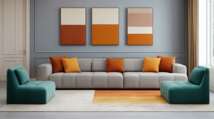 Modern Living Room with Teal Armchair and Sofa