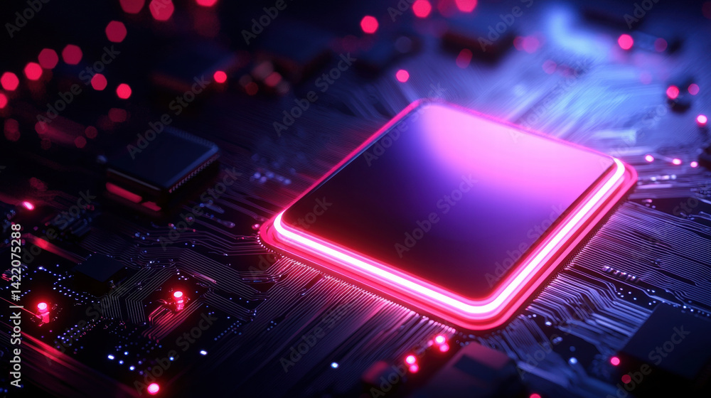 Poster glowing circuit board with central processor, showcasing vibrant colors and intricate details