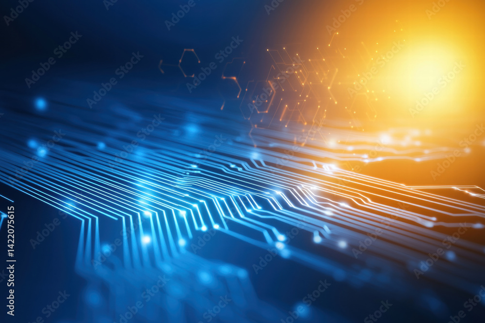 Poster futuristic circuit lines with glowing elements blue and orange tones create dynamic atmosphere