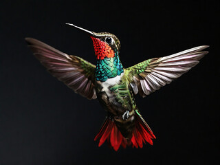 Fototapeta premium Ruby-throated Hummingbird (archilochus colubris) isolated on black background. Created using generative AI tools 