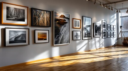 Art Gallery Wall Display with Framed Photographs and Natural Light Shadows