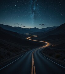 Fototapeta premium A winding, asphalt road stretches into the distance, illuminated by glowing streetlights that cast a warm, inviting glow, surrounded by lush greenery and a twilight sky.