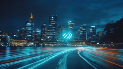 Fototapeta premium A futuristic city skyline with 5G towers beaming signals, showcasing lightning-fast connectivity through sleek speed icons.