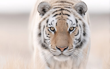 Fototapeta premium front-facing close-up portrait of a tiger in natural habitat with sharp detail on fur and eyes, intense gaze and majestic wildlife presence captured in outdoor blurred background for nature and animal
