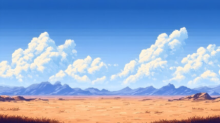 Vast Desert Landscape Under a Sunny Sky with Fluffy White Clouds and Distant Mountains