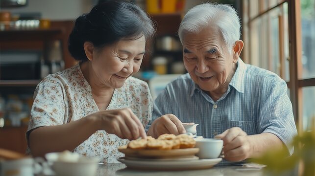 Happy Asian senior couple enjoying tea and cookies at home, sharing joyful moments together.