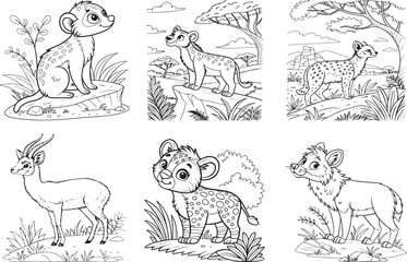 Whimsical Cartoon Animals in a Natural Setting with Leopard, Fox, and Deer kits coloring page.eps, Whimsical Cartoon Animals in a Natural Setting with Leopard, Fox, and Deer kits coloring page