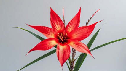 Striking Red Amaryllis Flower With Yellow Accents And Green Foliage Close Up