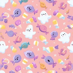 Fototapeta premium Delightful Halloween Pattern: A playful array of pastel candies and cute ghosts creates a festive and whimsical Halloween background.