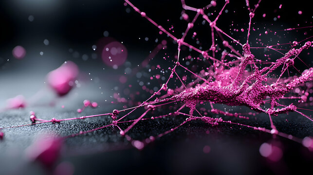 Abstract artwork with a dark backdrop and pink network of lines. Suitable for science technology or artistic designs. It could also work as a digital art background.
