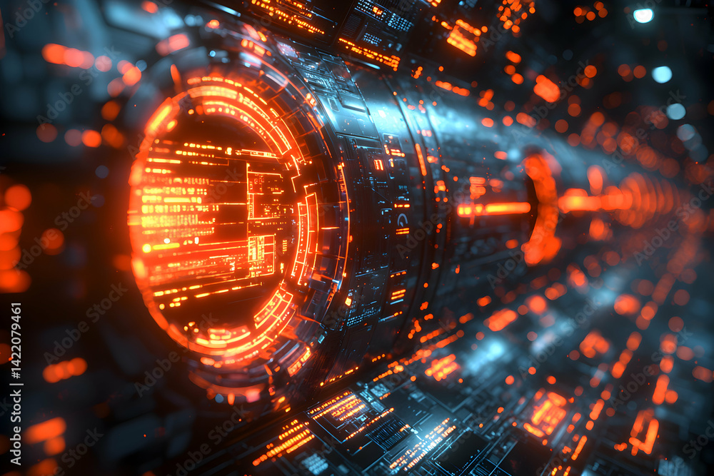 Aufkleber futuristic digital tunnel with glowing orange circuitry. suggests high-tech data processing or virtu