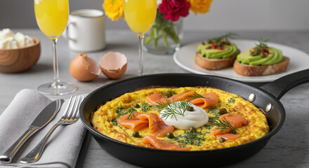 Salmon frittata with poached egg and avocado toast brunch