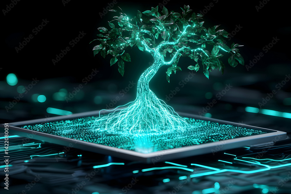 Poster a futuristic digital tree growing from a circuit board representing technology's evolution blending 